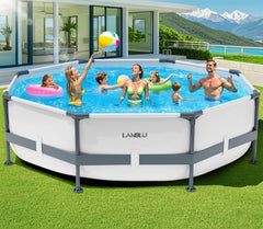LanBlu Piscine Tubulaire Ronde 300 x 300 x 76cm, Piscine Hors Sol Ronde avec Matériau Anti-Crevaison, Grande Piscines Steel Frame Adulte Vidange Rapide, Piscines Tubulaire Jardin pour Toute la Famille