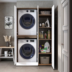 ROOMART Dora - Armoire de machine à laver - Pour sèche-linge et machine à laver - En 4 couleurs - Avec portes et panneau coulissant - Blanc - Chêne blanc - Chêne anthracite - Chêne blanc (chêne blanc)