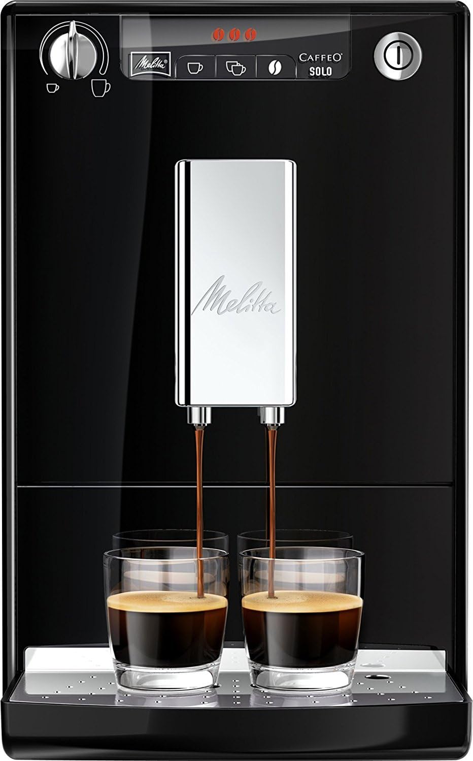 Melitta Caffeo Solo Noir Pure Black, Machine à Café à Grains avec Broyeur et Système d'Extraction des Arômes, Affichage LED, Mode 1 à 2 Tasses, Cafetière Expresso, Automatique, E950-222, 1400W