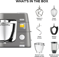 Kenwood Titanium Chef Patissier XL KWL90.034SI, Robot Patissier Balance Intégrée, Batteur K, Pétrin, Fouet, Batteur Souple, Deux Bols, Couvercle Anti-Projections, 1400W, Acier, Argent