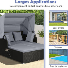 Chaise Longue à 2 Places en Rotin avec Auvent Rétractable Bain de Soleil avec Panneaux Latéraux Pliables Charge 360KG Beige/Gris