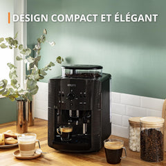 Krups Machine à café grain, 1,7 L, 2 tasses en simultané, Nettoyage automatique, Buse vapeur pour Cappuccino, Cafetière espresso, Essential noire YY8125FD, Noir