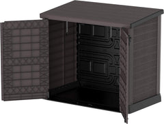 Duramax StoreAway 1200L Plastic Garden Shed/ Flat Lid, Outdoor Storage Shed, Wheelie Bin Hideaways, Wheelie bin box, Durable Construction, Ideal for Bikes, BBQs & 2x 240L Bins, 145x85x125 cm, Brown