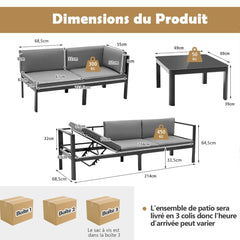 Salon de Jardin Extérieur avec Table Basse en Verre Trempé Canapéavec Dossier Inclinable à 6 Niveaux Coussins Inclus Gris