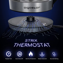Aigostar Cris - Bouilloire en verre Température Réglable 2200W, 1.7L. Thermostat Réglable (60 à 100ºC) et fonction maintien au chaud, Filtre à thé amovible, éclairage LED de couleurs, Sans BPA.
