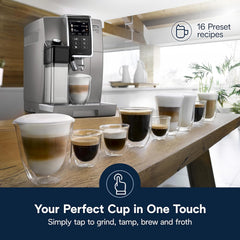 De'Longhi Dinamica LatteCrema Espresso Machine with Automatic Milk Frother for Latte, Cappuccino, Built-in Grinder, Silver, ECAM35075SI