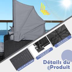 Chaise Longue à 2 Places en Rotin avec Auvent Rétractable Bain de Soleil avec Panneaux Latéraux Pliables Charge 360KG Beige/Gris