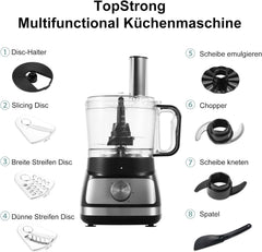TopStrong Multifunctional Food Processor, 1100 W Multifunctional Food Processor, 11 in 1 Food Processor Included Chopper, Kneader Hook, Blender, Citrus Press and Coffee Grinder, 3.2L Bowl and 1.5L