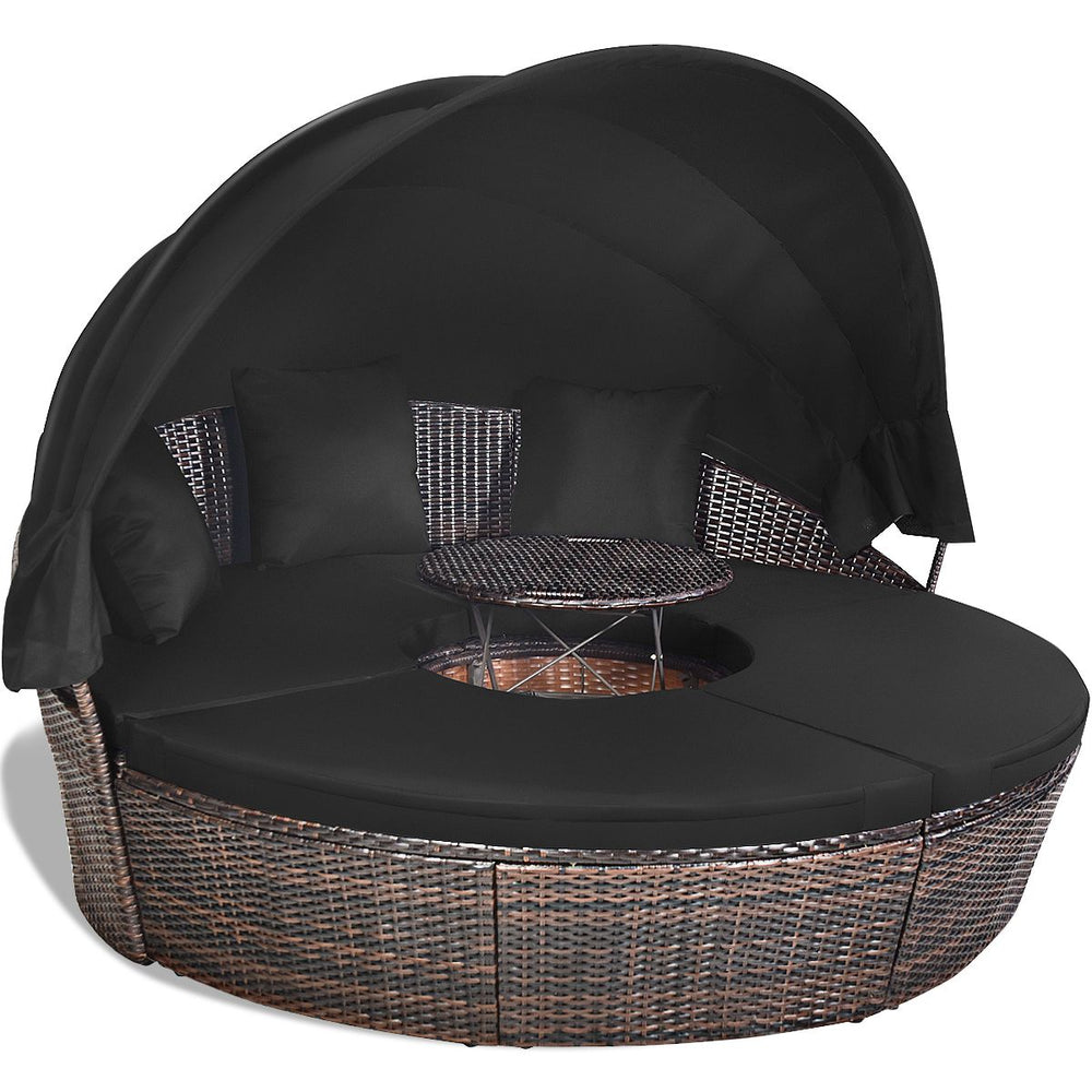 Lit de Jardin Rond d'Exterieur Table Relevable Modulable & Convertible - Pare Soleil Réglable rotin PE Coussins Inclus Noir