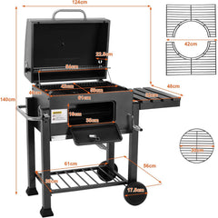 Barbecue Charbon de Bois XL, Chariot à Barbecue, Grill XL à Charbon avec Couvercle, Roues et Thermomètre, Réglable en Hauteur, Grand Barbecue au Charbon de Bois, pour Camping et Jardin, Noir