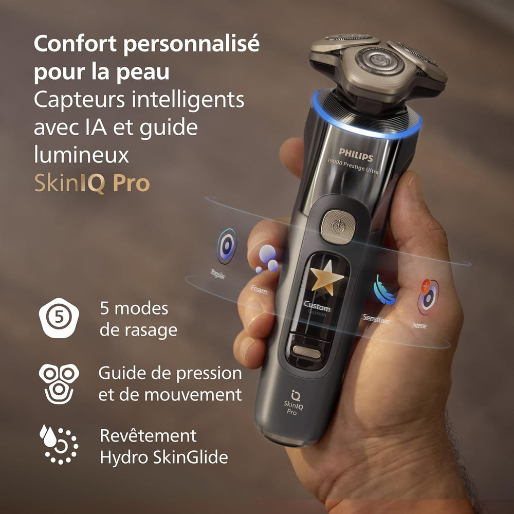 Philips Rasoir i9000 Prestige Ultra, Rasoir électrique 100% étanche, Technologie Skin IQ Pro, Système Triple Lift & Cut, Lames de précision NanoTech rotatives 360°, 5 modes de rasage, XP9401/38