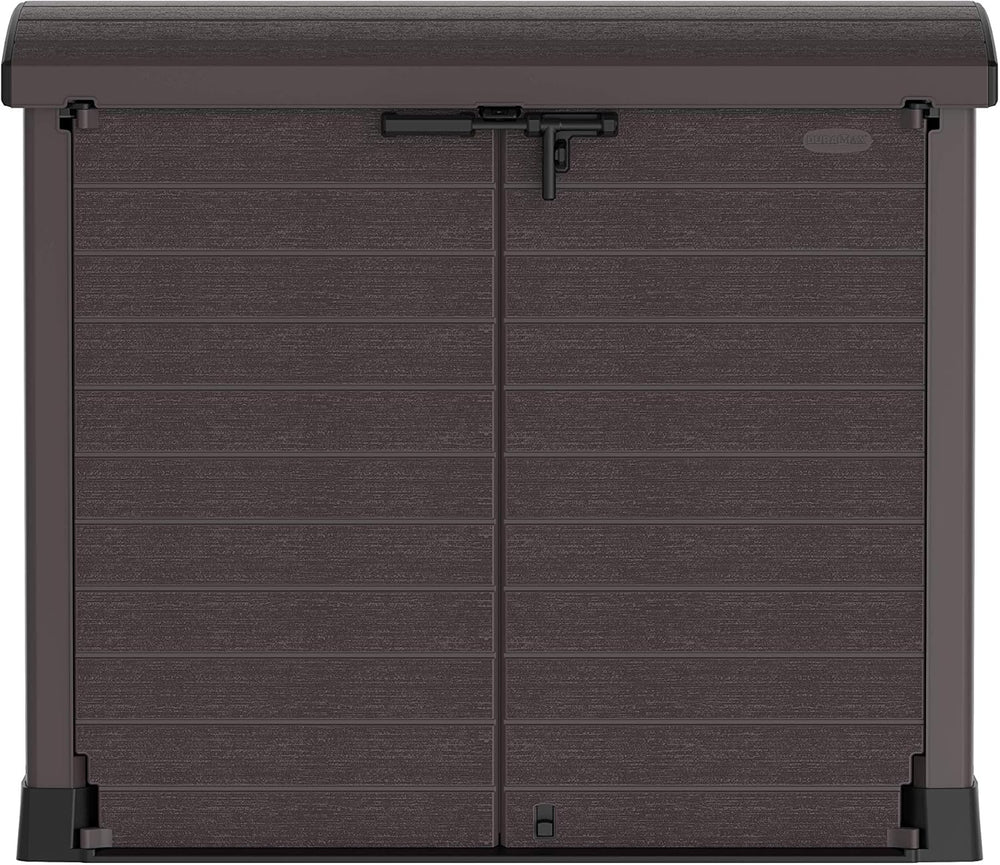 Duramax StoreAway 1200L Plastic Garden Shed/ Flat Lid, Outdoor Storage Shed, Wheelie Bin Hideaways, Wheelie bin box, Durable Construction, Ideal for Bikes, BBQs & 2x 240L Bins, 145x85x125 cm, Brown