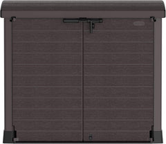 Duramax StoreAway 1200L Plastic Garden Shed/ Flat Lid, Outdoor Storage Shed, Wheelie Bin Hideaways, Wheelie bin box, Durable Construction, Ideal for Bikes, BBQs & 2x 240L Bins, 145x85x125 cm, Brown