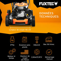 FUXTEC Tondeuse thermique pousse FX-RM4646ECO - Tres bon rapport qualit-prix - Easy Clean 3en1 largeur de coupe 46cm - bac de ramassage 50L