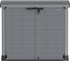 Duramax StoreAway 1200L Plastic Garden Shed/ Flat Lid, Outdoor Storage Shed, Wheelie Bin Hideaways, Wheelie bin box, Durable Construction, Ideal for Bikes, BBQs & 2x 240L Bins, 145x85x125 cm, Brown