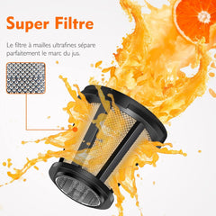 AMZCHEF Extracteur Jus - Extracteur de Jus de Fruits et Légumes - Presses-agrumes à Froid sans BPA avec 2 Tasses et Brosse - Fonction de Mastication Inversée pour Éviter les Blocages - Argent