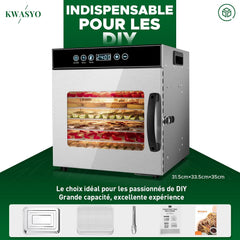 Kwasyo Food Dehydrator, 10 Trays • Desiccator with Timer (24H) • Fruit and Vegetable Dehydrator Adjustable Temperature (30 to 90°C) + 1 x Recipe Book
