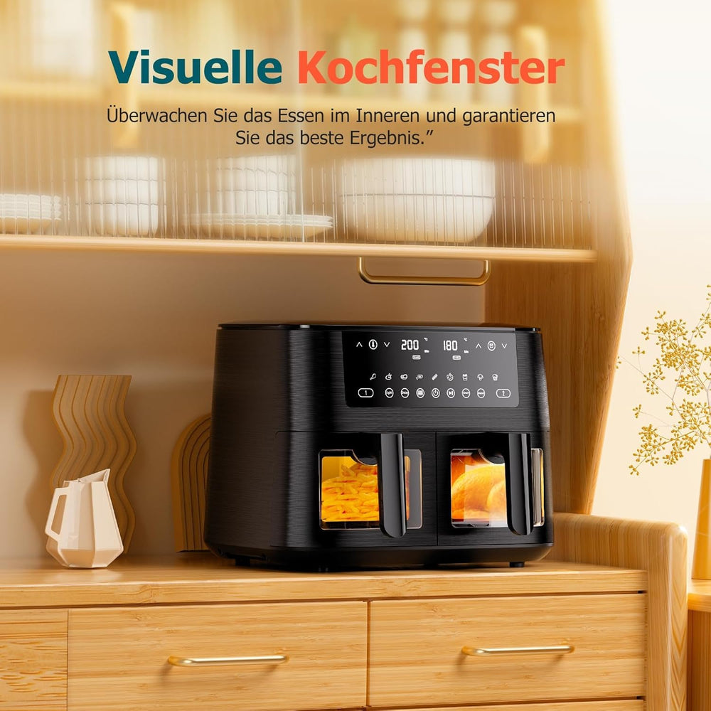 9L Dual Zone Air Fryer avec Fenêtre de Visualisation, Friteuse sans Huile avec 2 Tiroir, 9-in-1 Programmes de Cuisson, Écran Tactile, Fonction Rendez-vous, Faible en Grasses, Va au Lave-vaisselle