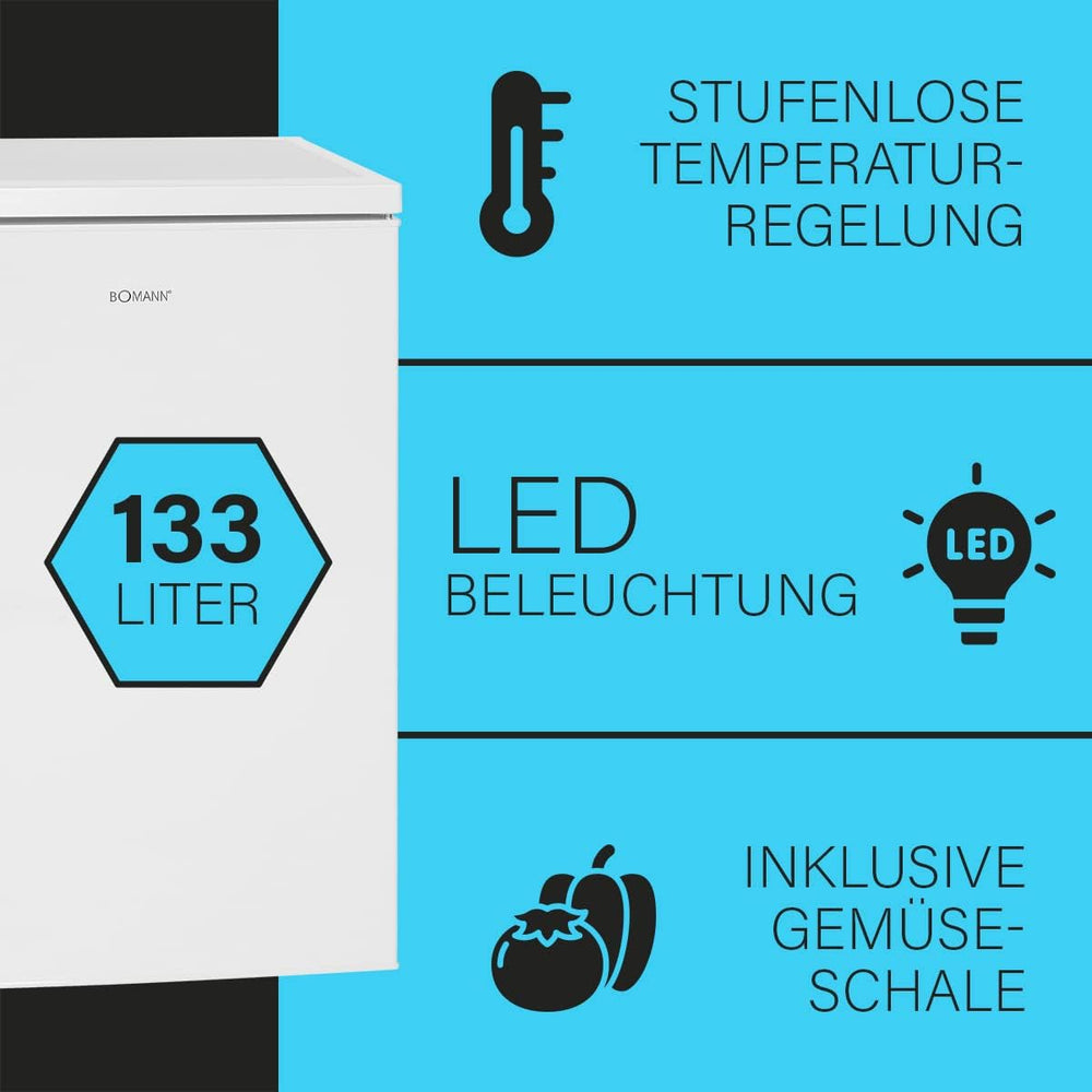 Bomann Réfrigérateur 133L blanc VS2195-1-blanc, Capacité nette : 133 litres, Éclairage intérieur à DEL, Contrôle de la température en continu, 3 clayettes en verre