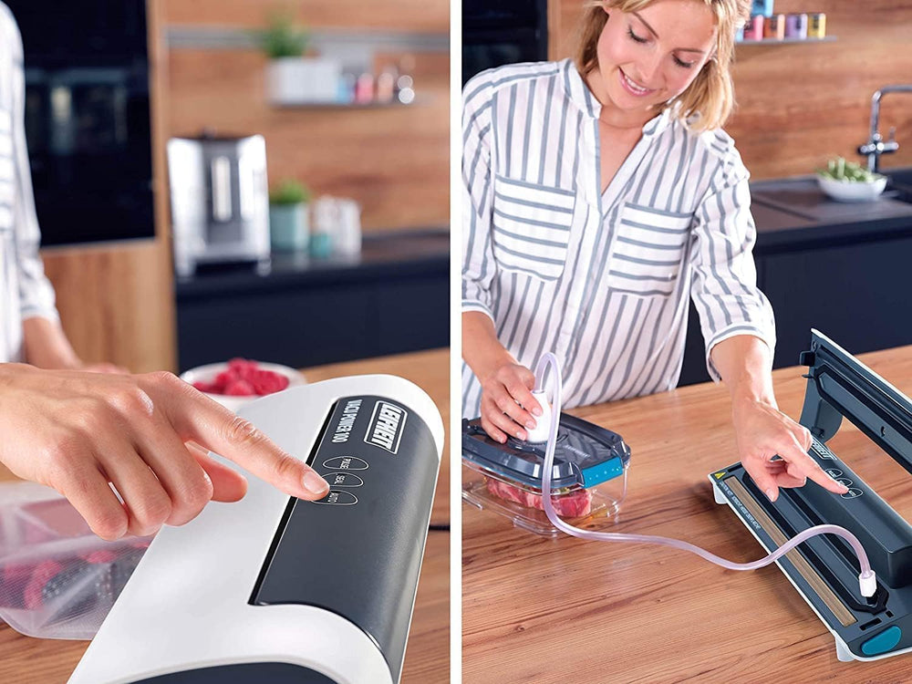 Leifheit Machine de mise sous vide alimentaire Vacu Power 500, appareil pour emballage sous vide + 10 sacs sous vide alimentaire (20 x 30 cm)