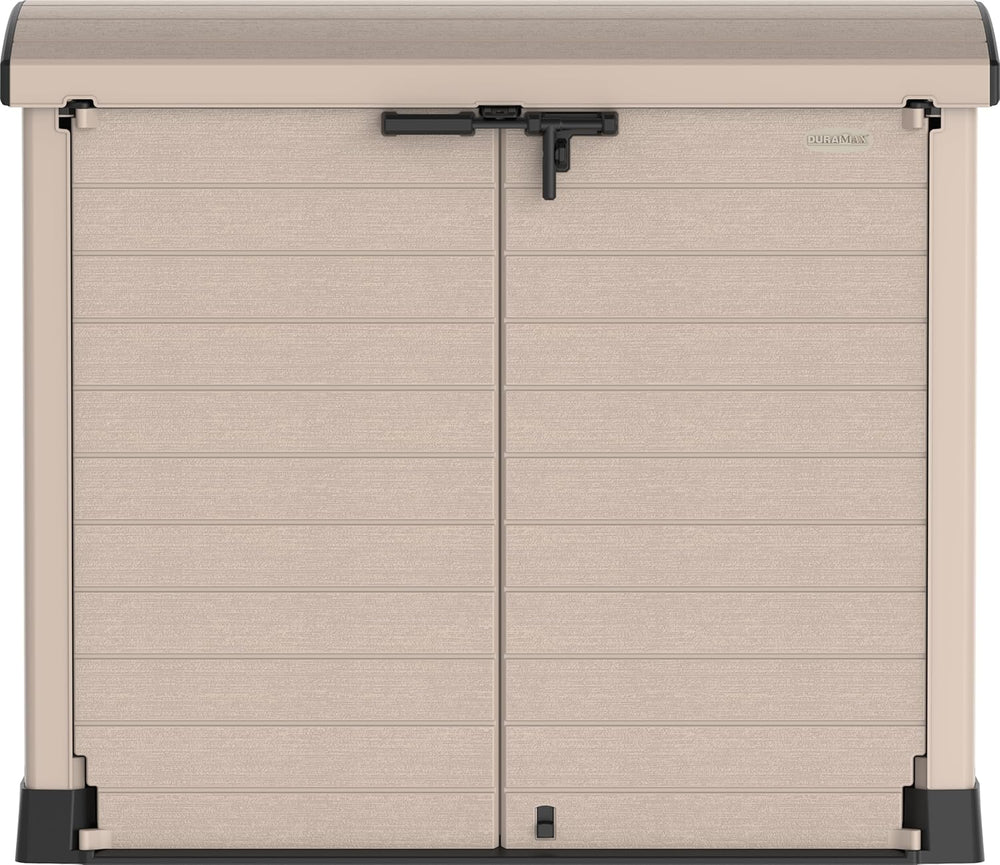 Duramax StoreAway 1200L Plastic Garden Shed/ Flat Lid, Outdoor Storage Shed, Wheelie Bin Hideaways, Wheelie bin box, Durable Construction, Ideal for Bikes, BBQs & 2x 240L Bins, 145x85x125 cm, Brown