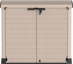 Duramax StoreAway 1200L Plastic Garden Shed/ Flat Lid, Outdoor Storage Shed, Wheelie Bin Hideaways, Wheelie bin box, Durable Construction, Ideal for Bikes, BBQs & 2x 240L Bins, 145x85x125 cm, Brown