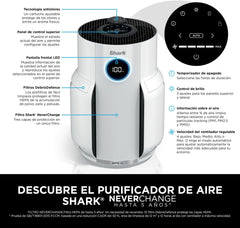 Shark NeverChange jusqu'à 5 ans Purificateur d'air MAX intérieur, Couvre 130m², Filtre HEPA 5 ans, Capture 99,97% allergènes, Mode automatique, Silencieux, LED, Blanc HP300EU