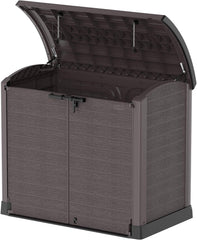 Duramax StoreAway 1200L Plastic Garden Shed/ Flat Lid, Outdoor Storage Shed, Wheelie Bin Hideaways, Wheelie bin box, Durable Construction, Ideal for Bikes, BBQs & 2x 240L Bins, 145x85x125 cm, Brown