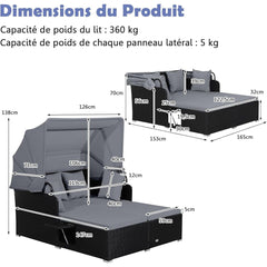 Chaise Longue à 2 Places en Rotin avec Auvent Rétractable Bain de Soleil avec Panneaux Latéraux Pliables Charge 360KG Beige/Gris
