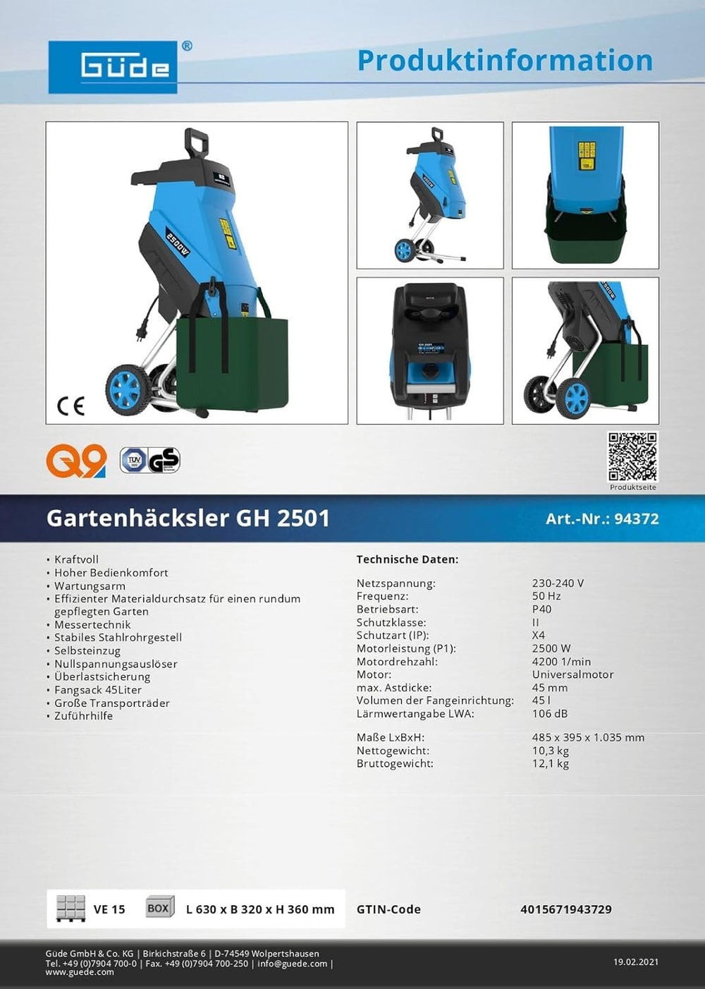 Güde 94372 GH 2501 Hachoir de jardin avec bras de suspension automatique 45 l, Bleu