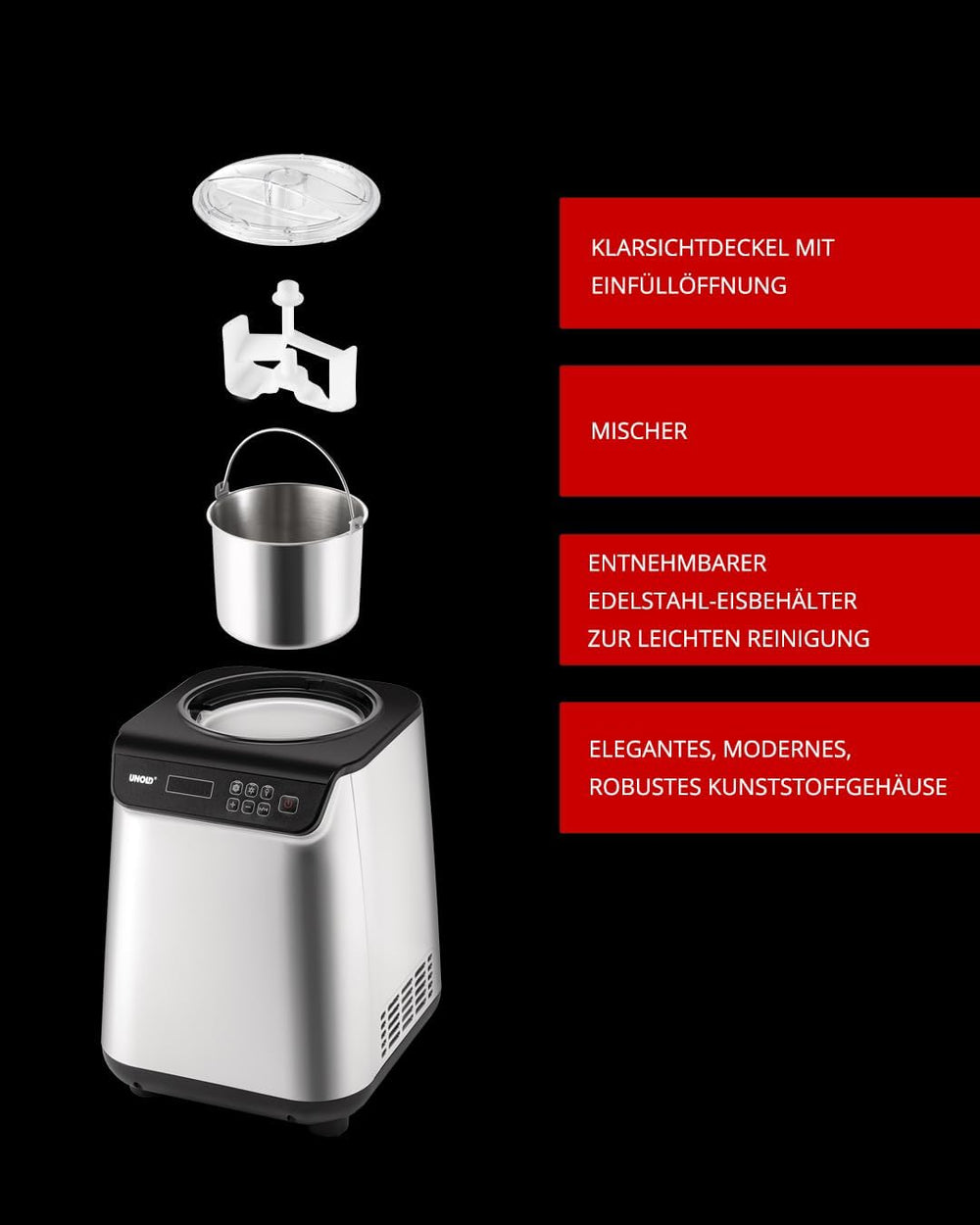 Unold Uno 48825 Sorbetière – Compresseur auto-refroidissant, entièrement automatique, 135 W, refroidissement à -35 °C, écran LCD, récipient en acier inoxydable, minuterie, compresseur