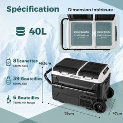 Glacière Électrique Portable Double Zone 40L Réfrigérateur de Voiture 12 V à Compresseur -20℃ ~ 2012/24V CC et 100-240V CA Noir -