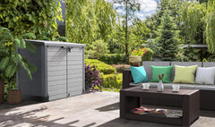 Duramax StoreAway 1200L Plastic Garden Shed/ Flat Lid, Outdoor Storage Shed, Wheelie Bin Hideaways, Wheelie bin box, Durable Construction, Ideal for Bikes, BBQs & 2x 240L Bins, 145x85x125 cm, Brown
