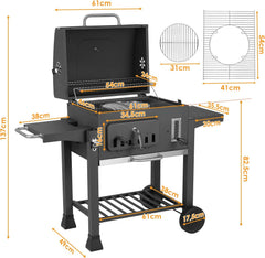 Barbecue Charbon de Bois XL, Chariot à Barbecue, Grill XL à Charbon avec Couvercle, Roues et Thermomètre, Réglable en Hauteur, Grand Barbecue au Charbon de Bois, pour Camping et Jardin, Noir