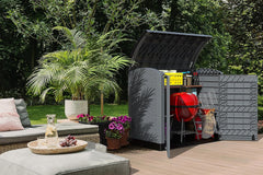 Duramax StoreAway 1200L Plastic Garden Shed/ Flat Lid, Outdoor Storage Shed, Wheelie Bin Hideaways, Wheelie bin box, Durable Construction, Ideal for Bikes, BBQs & 2x 240L Bins, 145x85x125 cm, Brown
