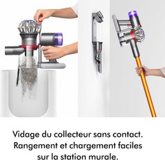 Dyson V8 Advanced™ Aspirateur Balai sans Fil – 130 AW, 40 Min d’autonomie, Brosse Motorbar Auto-démêlante, Accessoires combinés, Station Murale, Argent/Nickel