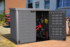 Duramax StoreAway 1200L Plastic Garden Shed/ Flat Lid, Outdoor Storage Shed, Wheelie Bin Hideaways, Wheelie bin box, Durable Construction, Ideal for Bikes, BBQs & 2x 240L Bins, 145x85x125 cm, Brown
