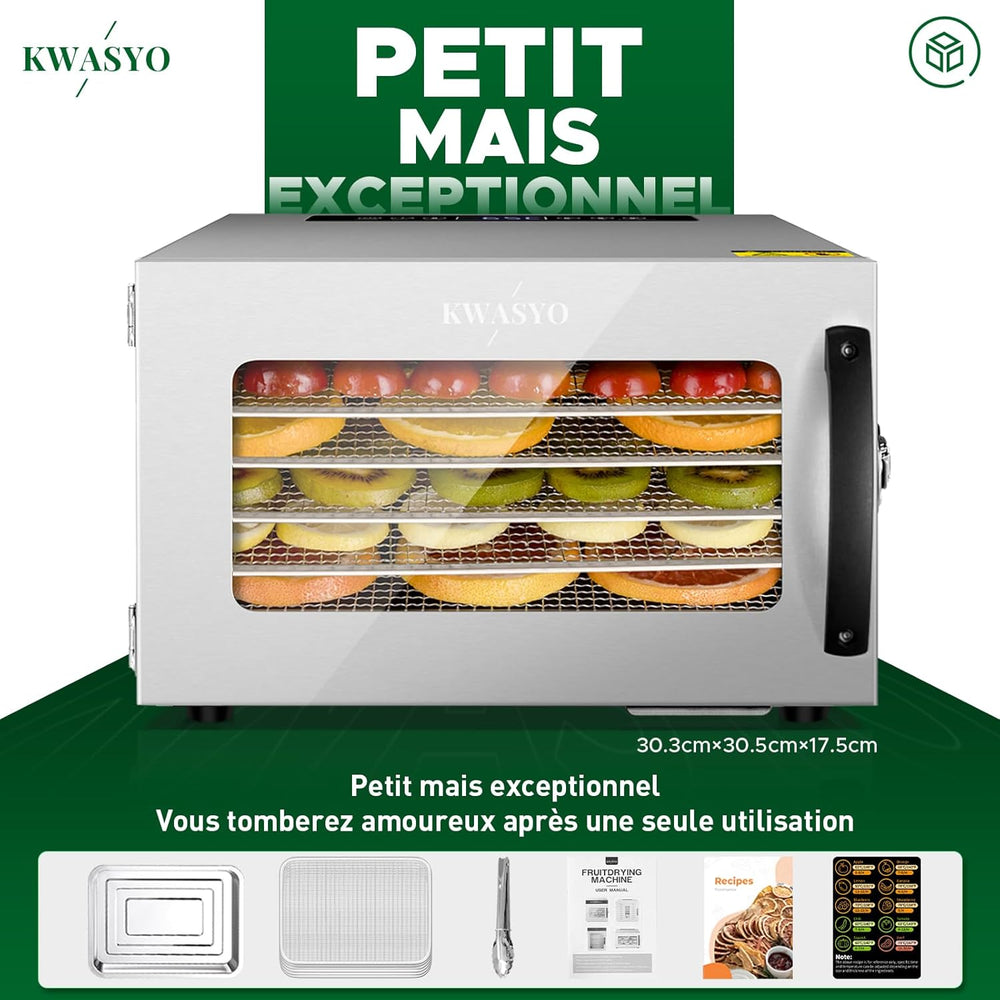 Kwasyo Food Dehydrator, 10 Trays • Desiccator with Timer (24H) • Fruit and Vegetable Dehydrator Adjustable Temperature (30 to 90°C) + 1 x Recipe Book