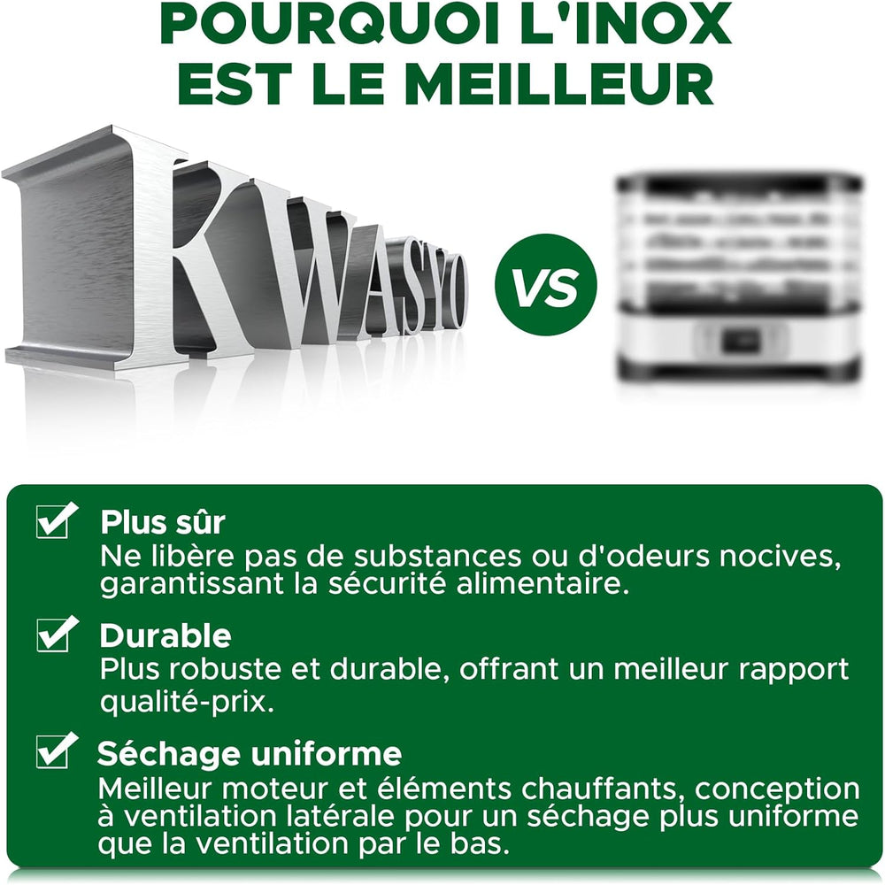 Kwasyo Food Dehydrator, 10 Trays • Desiccator with Timer (24H) • Fruit and Vegetable Dehydrator Adjustable Temperature (30 to 90°C) + 1 x Recipe Book