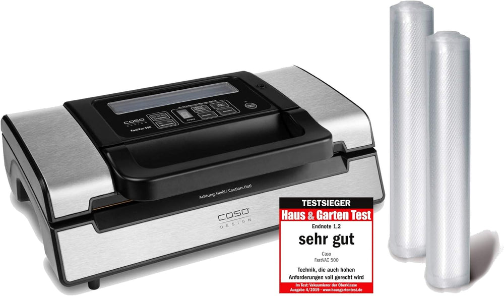 Caso FastVac 500, Professional Commercial Vacuum Sealer, Stainless Steel, Double Piston Pump, 15 Litres/Minute, Includes 2 Free Foil Rolls