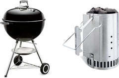 Weber Classic Kettle barbecue au charbon de bois, surface de cuisson Ø 57cm, barbecue avec couvercle et cuve en acier emaillé, thermomètre intégré au couvercle, trépied et roues - Noir (1341504)