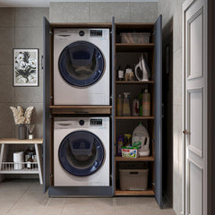 ROOMART Dora - Armoire de machine à laver - Pour sèche-linge et machine à laver - En 4 couleurs - Avec portes et panneau coulissant - Blanc - Chêne blanc - Chêne anthracite - Chêne blanc (chêne blanc)