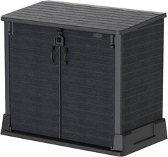 Duramax StoreAway 1200L Plastic Garden Shed/ Flat Lid, Outdoor Storage Shed, Wheelie Bin Hideaways, Wheelie bin box, Durable Construction, Ideal for Bikes, BBQs & 2x 240L Bins, 145x85x125 cm, Brown