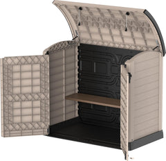 Duramax StoreAway 1200L Plastic Garden Shed/ Flat Lid, Outdoor Storage Shed, Wheelie Bin Hideaways, Wheelie bin box, Durable Construction, Ideal for Bikes, BBQs & 2x 240L Bins, 145x85x125 cm, Brown
