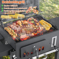 Barbecue Charbon de Bois XL, Chariot à Barbecue, Grill XL à Charbon avec Couvercle, Roues et Thermomètre, Réglable en Hauteur, Grand Barbecue au Charbon de Bois, pour Camping et Jardin, Noir