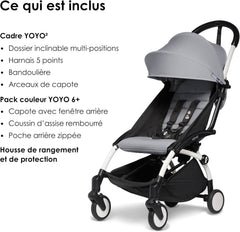 Poussette BABYZEN YOYO2 6+ (Cadre noir + pack couleur Aqua) - Comprend un harnais, un dossier, des arceaux de capote, une bandoulière, un coussin d’assise, et une capote assortie