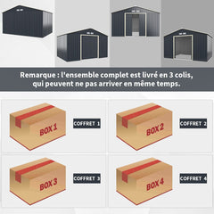 Abri de Jardin en Métal & Extension 10.85㎡ avec 2 Portes Coulissantes Verrouillables 4 Trous d’Aération Gris pour Vélo