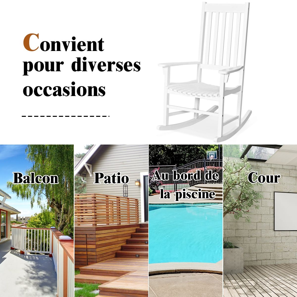 Fauteuil à Bascule en Bois d'Acacia Chaise Berçante pour Jardin Pelouse Balcon Blanc -