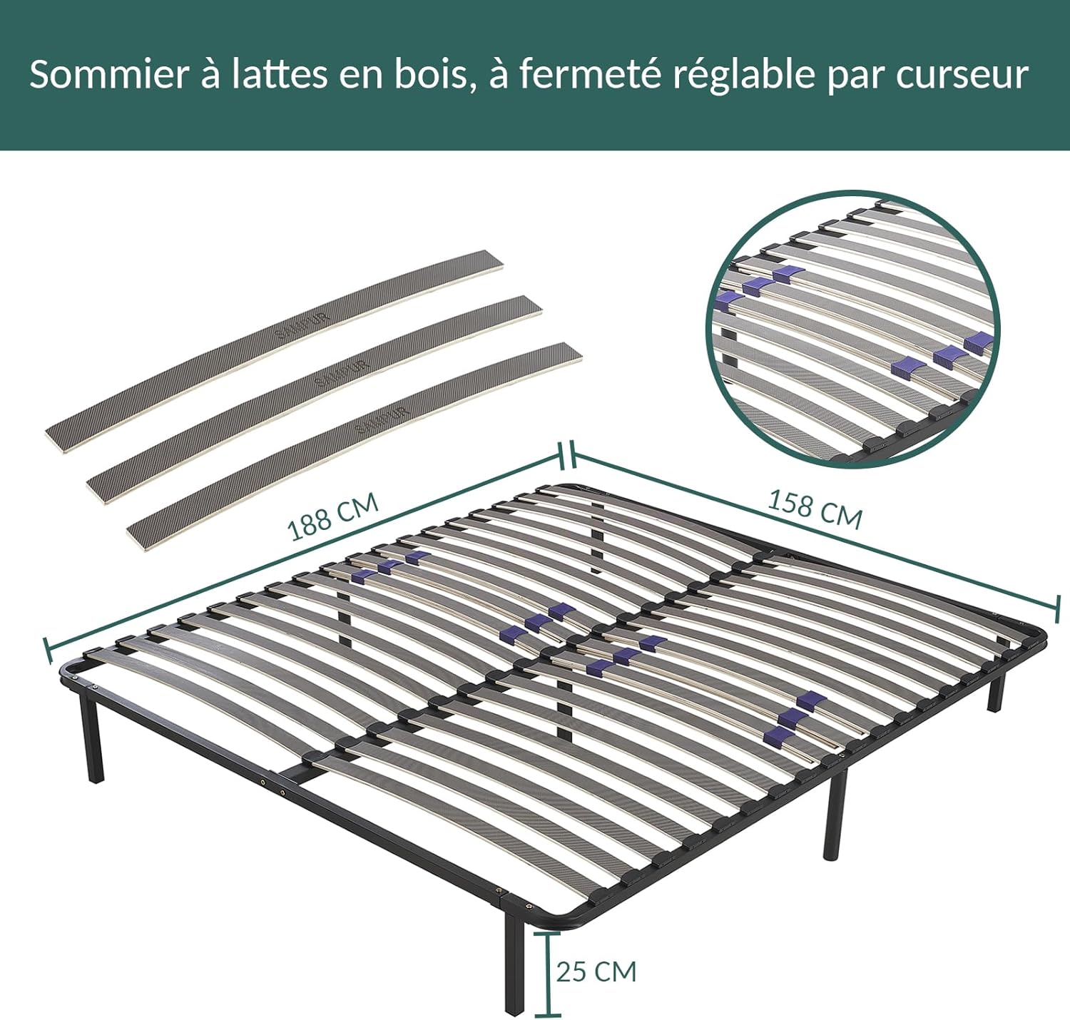 SAMPUR - Sommier Essentiel 140x190 cm | Résistant et Confortable | 7 Pieds Inclus | Lattes réglables | Cadre métal laqué époxy | Sommier 1 ou 2 Personnes | Montage Rapide et Facile