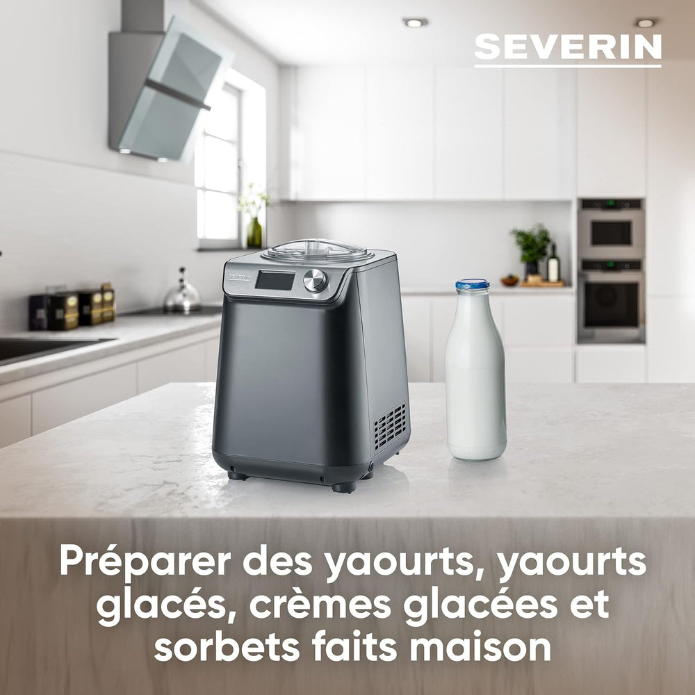 SEVERIN Sorbetière 2-en-1 Compacte 135 W, Sorbetière électrique et yaourtière d'une capacité 1,2 L, Machine à glace avec livre de recettes, noir, EZ 7407
